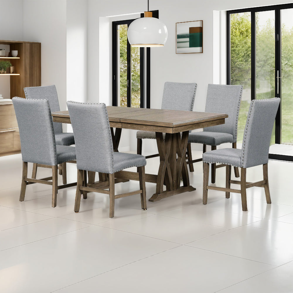 TOPMAX Mid-Century Solid Wood 7-Piece Dining Table Set Extendable Kitchen Table Set with Upholstered Chairs and 12" Leaf for 6, Golden Brown+Gray Cushion(Old SKU: SP000015AAD)