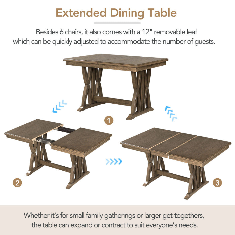 TOPMAX Mid-Century Solid Wood 7-Piece Dining Table Set Extendable Kitchen Table Set with Upholstered Chairs and 12" Leaf for 6, Golden Brown+Gray Cushion(Old SKU: SP000015AAD)