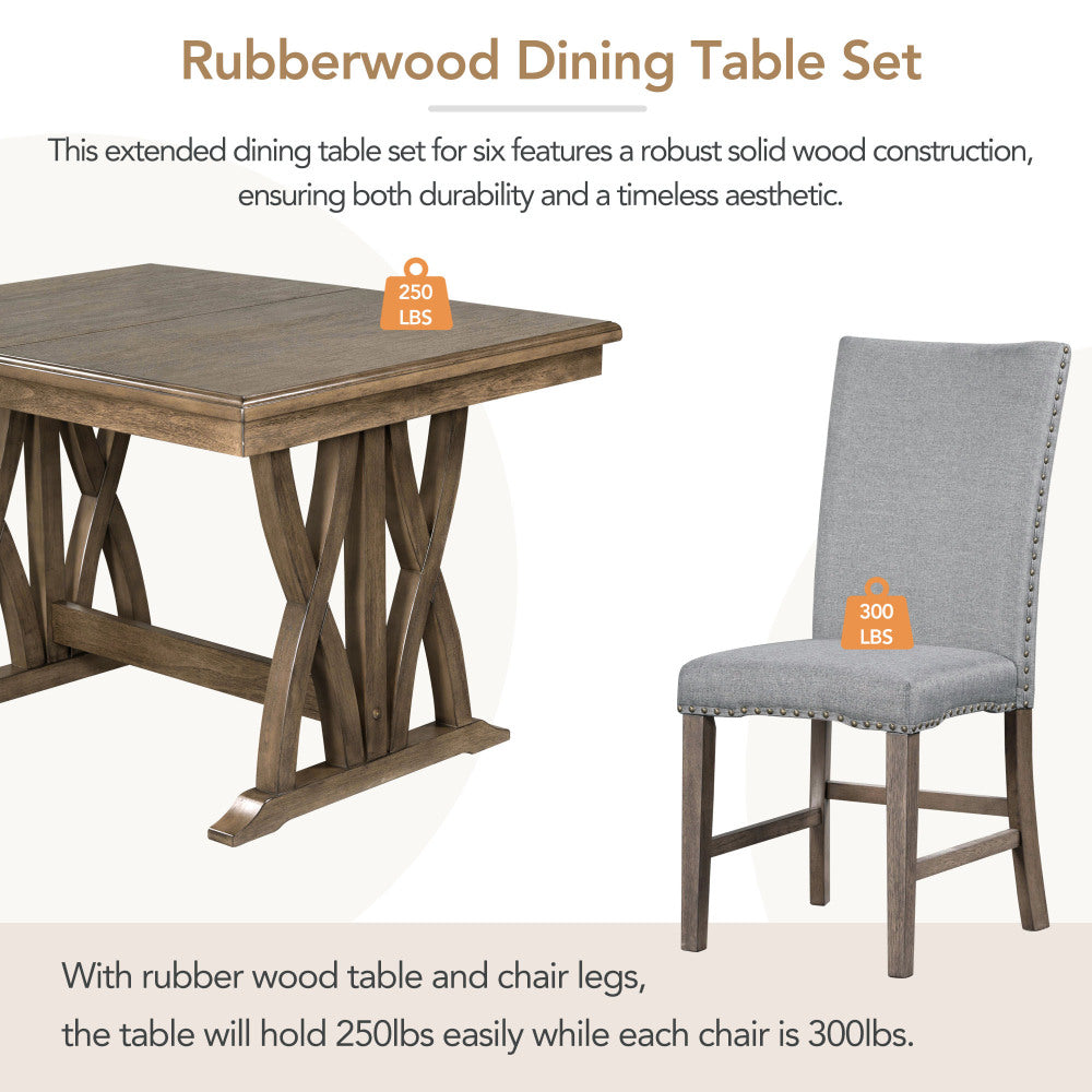 TOPMAX Mid-Century Solid Wood 7-Piece Dining Table Set Extendable Kitchen Table Set with Upholstered Chairs and 12" Leaf for 6, Golden Brown+Gray Cushion(Old SKU: SP000015AAD)