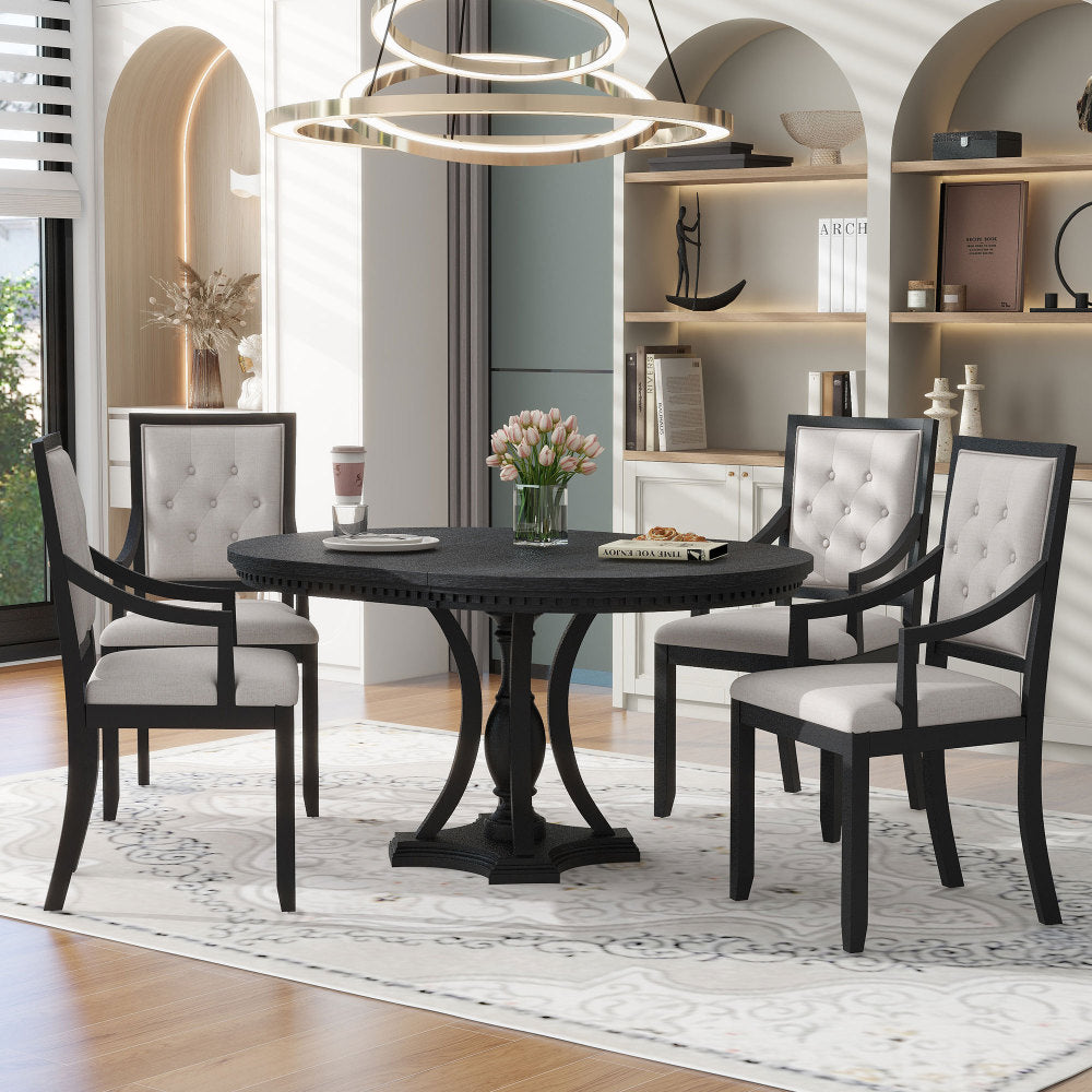 TREXM Retro 5-piece Dining Set Extendable Round Table and 4 Chairs for Kitchen Dining Room(ANTIQUE GRAY OAK)