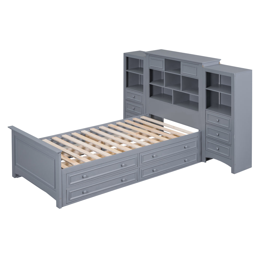 Twin Size Wood Platformbed with Vertical All-in-One Cabinet and 4 Drawers on each side, Gray