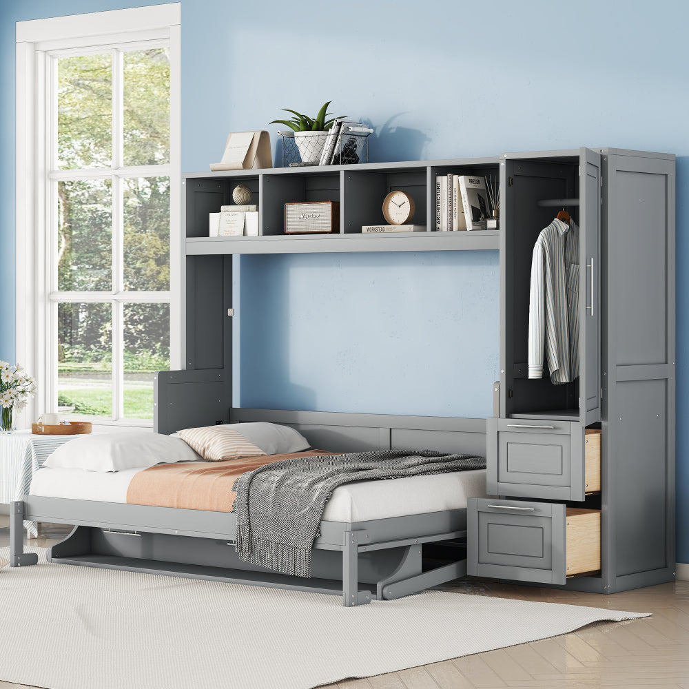 Twin Size Murphy Bed Wall Bed with Closet , Drawers & Desk-White
