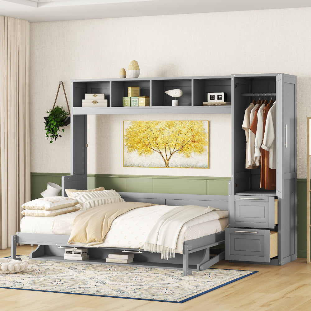 Twin Size Murphy Bed Wall Bed with Closet , Drawers & Desk-White
