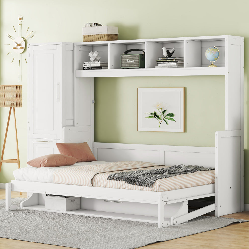 Twin Size Murphy Bed Wall Bed with Closet , Drawers & Desk-White