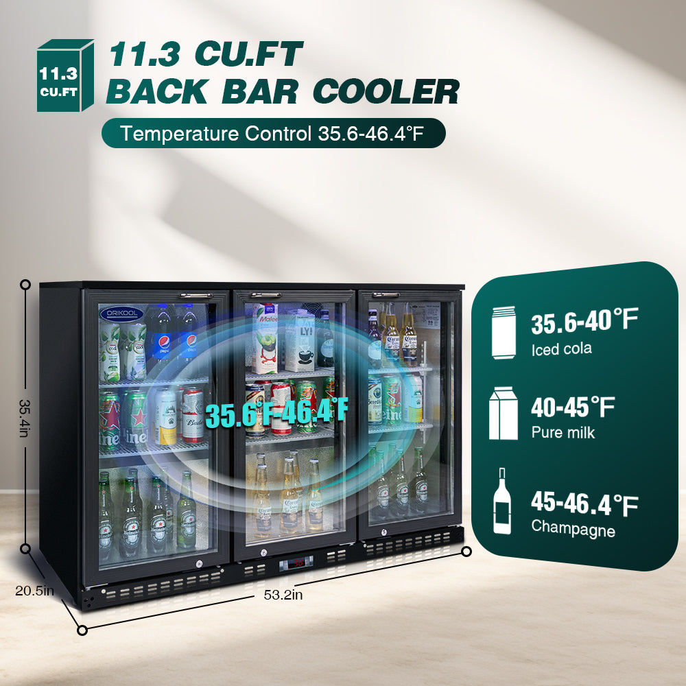 ORIKOOL Beverage Refrigerators Cooler 53 inch 3 Glass Door Back Bar, 480 Cans Commercial Display Bar Fridge for Beer Wine and Drink 11.3 Cu.Ft
