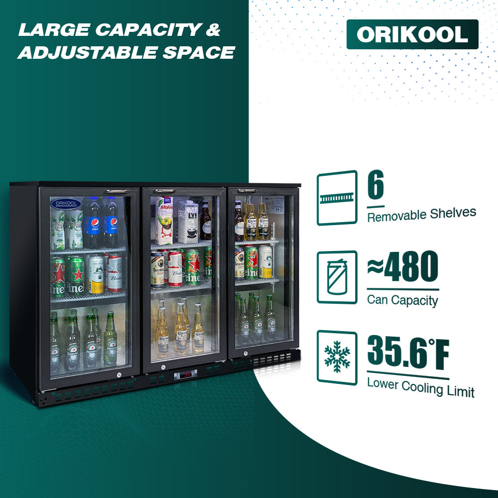 ORIKOOL Beverage Refrigerators Cooler 53 inch 3 Glass Door Back Bar, 480 Cans Commercial Display Bar Fridge for Beer Wine and Drink 11.3 Cu.Ft