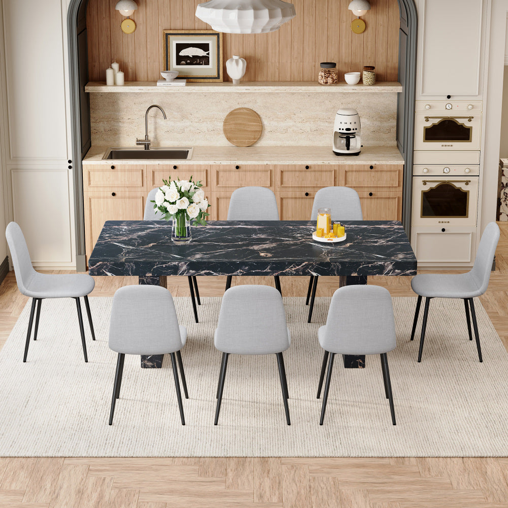 Table and chair set.78.7"*39.4"*29.9"inches MDF Luxurious Black Marble Pattern Dining Table,With a 3.5-inch thick tabletop.Paired with 10 Light Gray Linen Fabric Chairs With Black Sturdy Metal Legs.