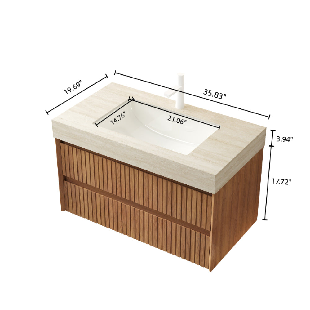 TILLEY 36" Bathroom Vanity&Sink, Floating Striped Plywood Storage Cabinet with 2 Drawers, Travertine-Pattern Sintered Stone Top with Ceramic Undermount Basin, Pre-assembled, Espresso Woodgrain Color