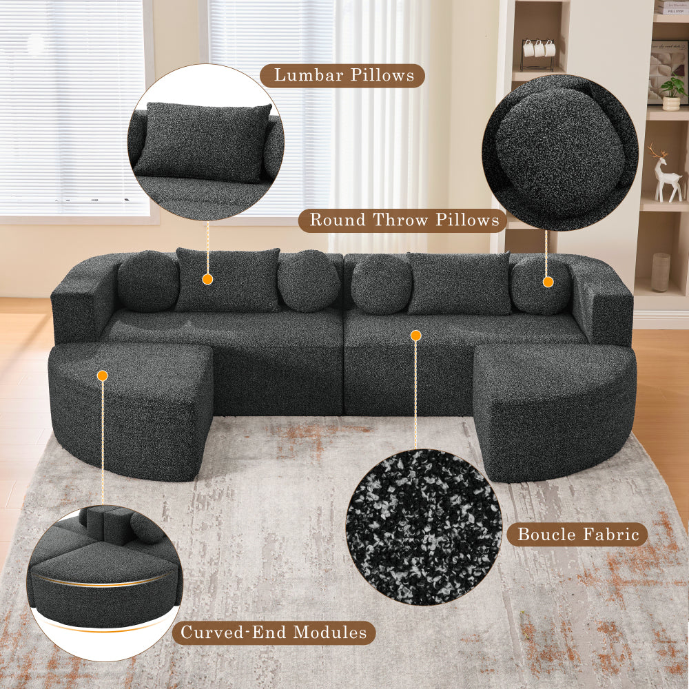 Boneless Couch Modular Sectional Sofa 114.9" Free-combined Sofa Couch Sofa Bed Compression Sofa with Deep Seating and Curved Design for Living Room, Black
