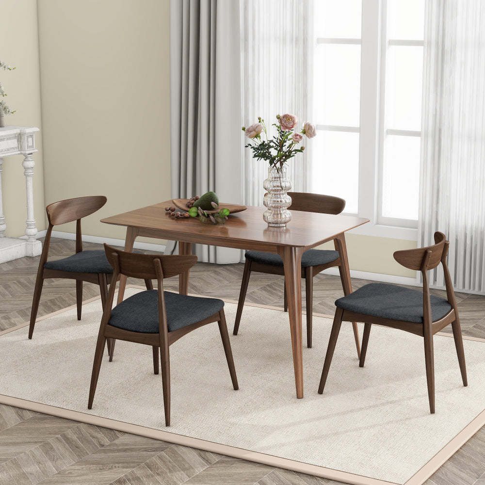 5-Piece Dining Table Set, 1 Table 4 Chairs, Rubberwood Frame, Ergonomic Backrest, Soft Cushioned Chairs, Walnut + Light Gray