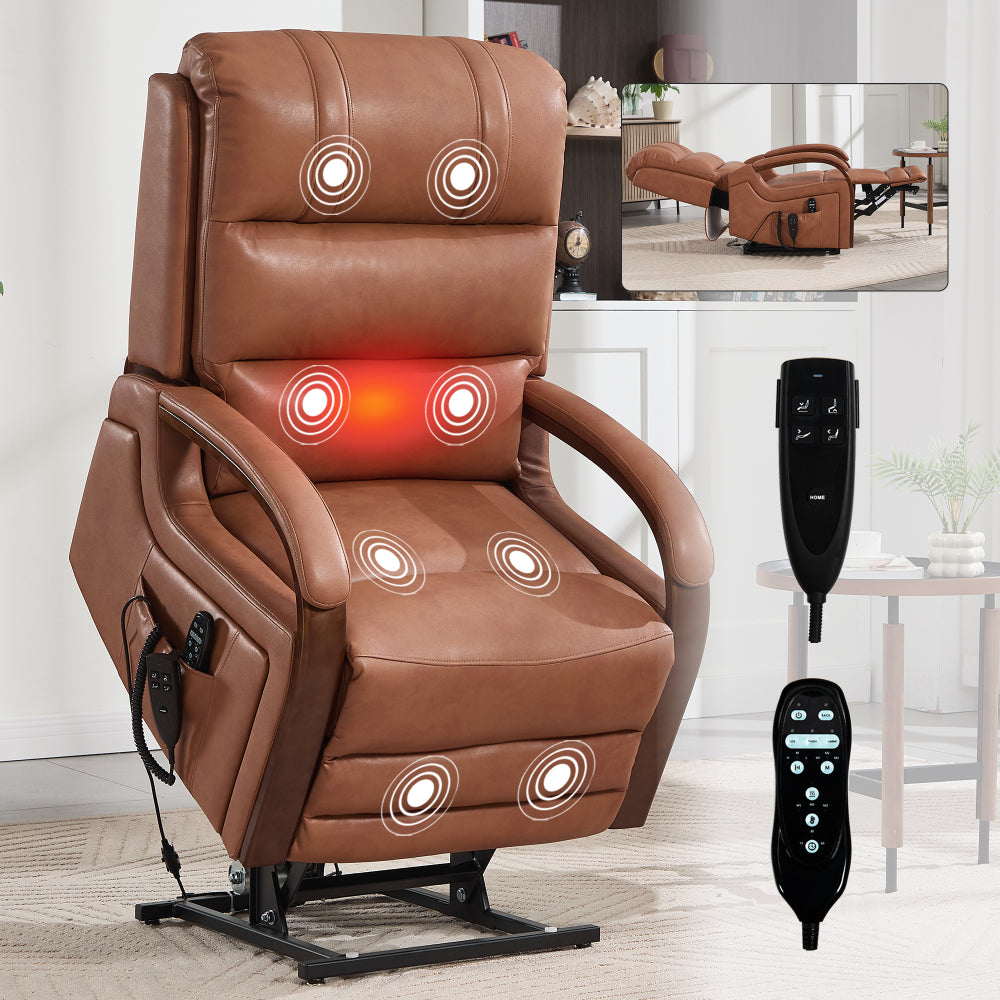 Power Brown Leatheraire Lift Recliner Chair Dual Motor Infinite Position Up to 350 LBS with Solid Wood Armrests, Heat Massage and Heavy Duty Motion Mechanism