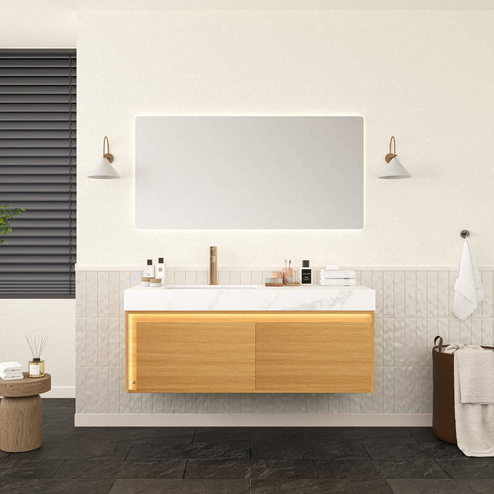 NYAH 36'' Bathroom Vanity&Sink, Floating Ultra-Slim Grille Plywood Storage Cabinet, Drawer, Sensor Light, Travertine-Pattern Sintered Stone Top&Ceramic Undermount Basin, Pre-assembled, Light Woodgrain