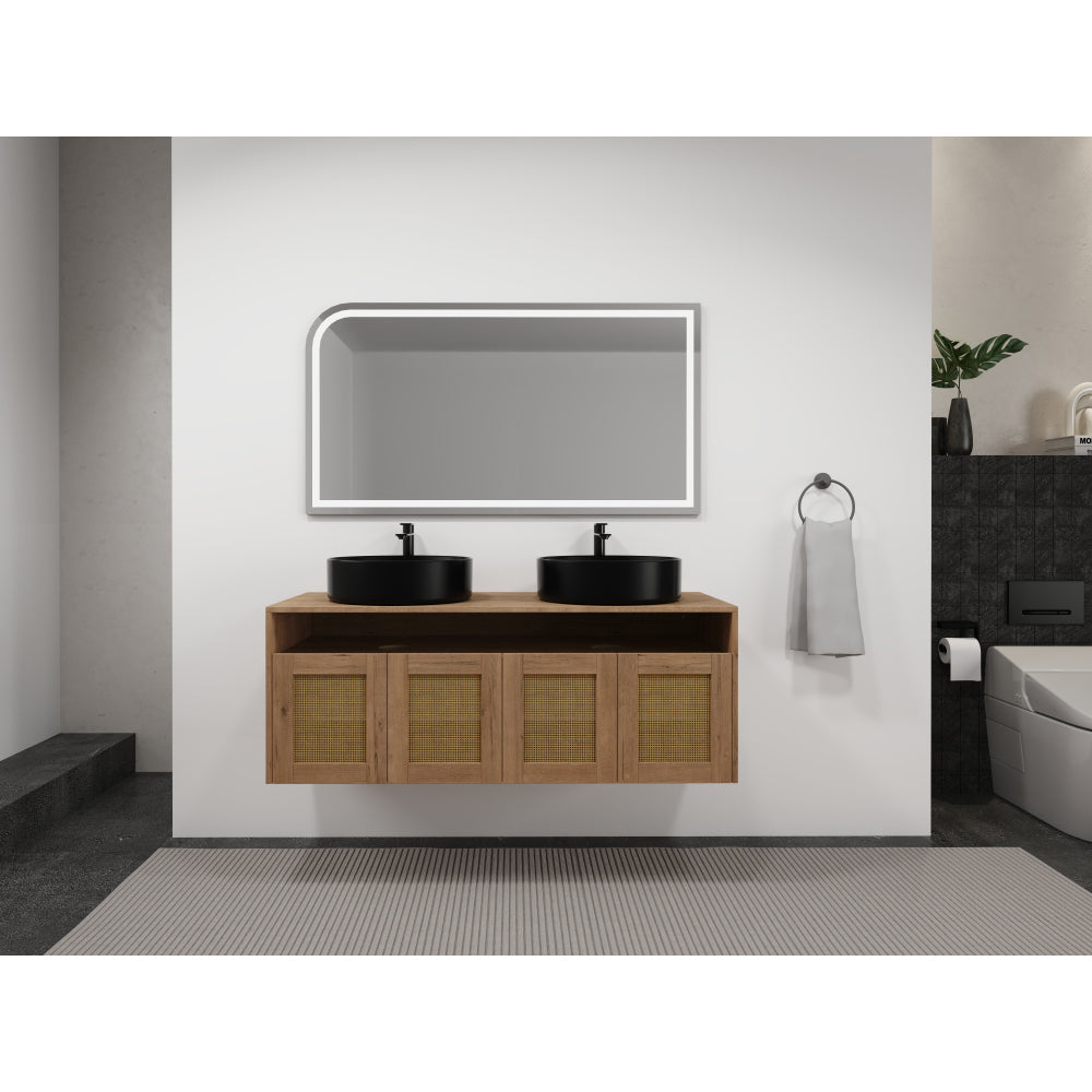 48" Bathroom Vanity with Black Ceramic Art Sink, 4-Soft Close Door, Float Mounting Design, Plywood (KD-Packing)