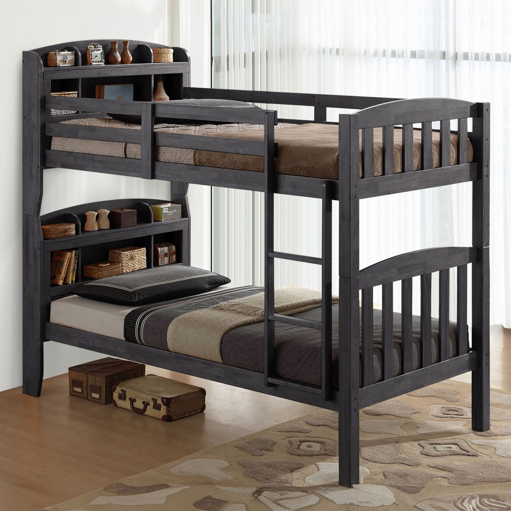 Transitional Twin Over Twin Bunk Bed Footboard Ladder Divide Into Two, Grey