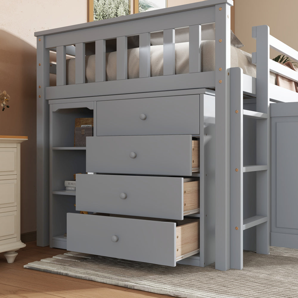 Twin Loft Bed with Storage Cabinet, Drawer and Shelf Cabinet and Pulling-Out Desk, Rubber Wood Loft Bed with Safety Guardrail, Ladder,Grey657