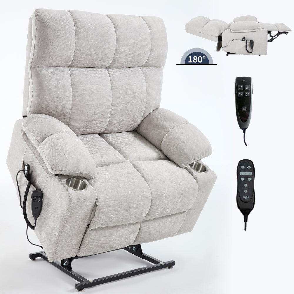 Beige Dual Motor Infinite Position Up to 350 LBS Chenille Power Lift Recliner Chair, Heavy Duty Motion Mechanism with 8-Point Vibration Massage and Lumbar Heating, Dual Cup Holders