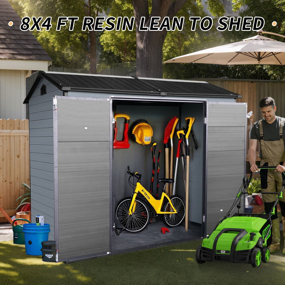 8x4ft Outdoor Resin Garden Shed with Floor and 2 Windows, Plastic Patio Outdoor Storage Shed with Lockable Door for Garden Tools, Bicycles, Trash Cans, Gray+Black