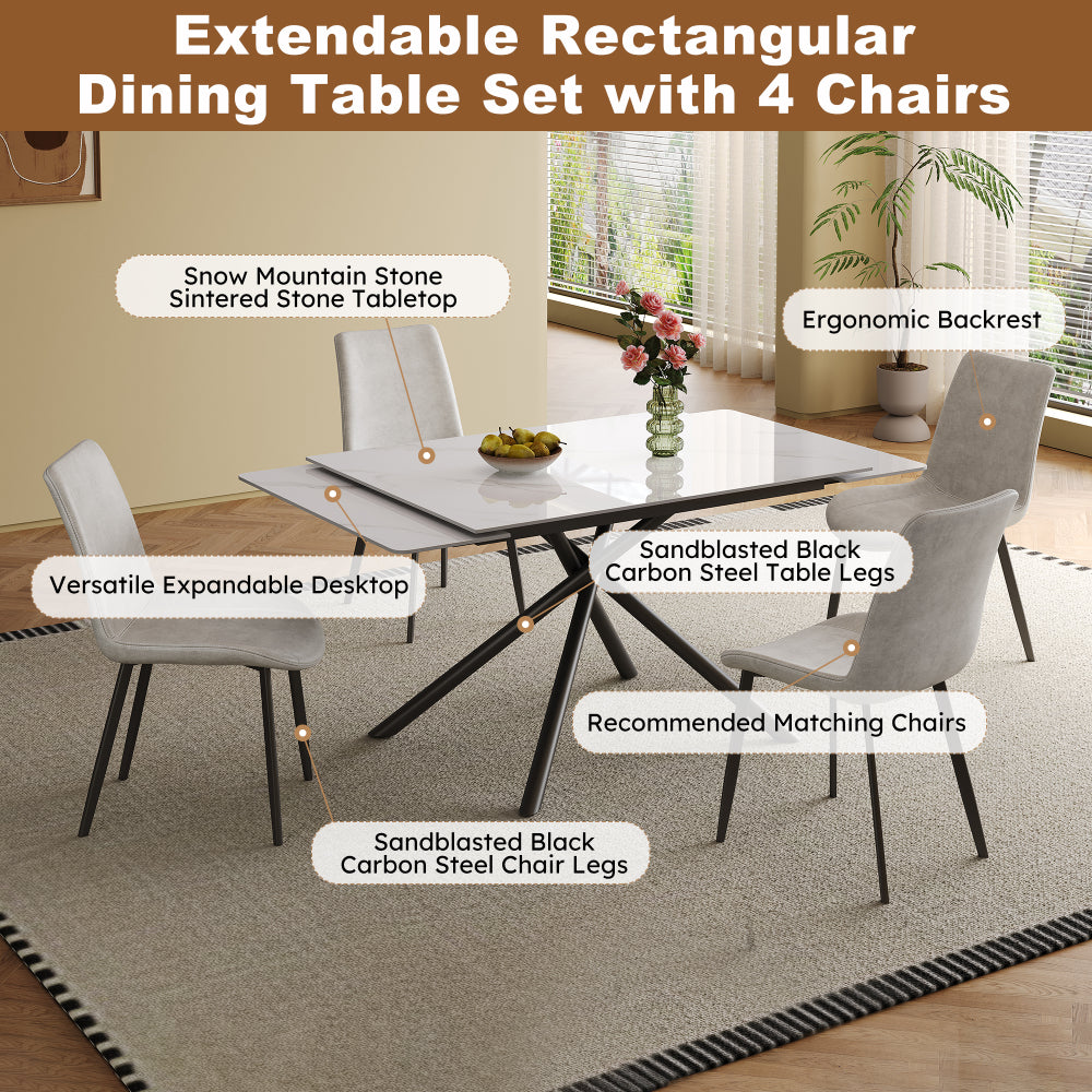 Retractable Sintered Stone Dining Table Set,It features a modern rectangular design, with black carbon steel table legs and a cross-leg structure at the bottom(Table + 4 Chairs)