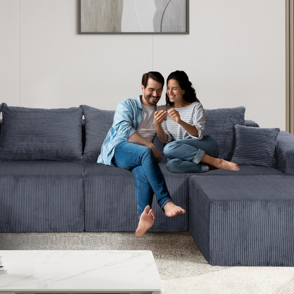 4-Piece Modular L-Shaped Sectional Sofa, No Assembly Needed, Convertible Couch with Spacious Chaise Lounge, Premium Corduroy Upholstery, Flexible Layout for Living Room or Apartment, Grey