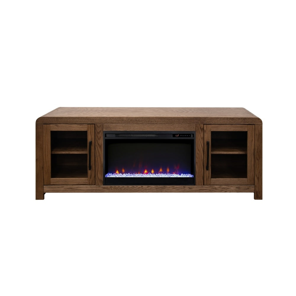 Haven 65 inch Fireplace TV Stand with Glass Doors, for TVs up to 75 inches, Minimal Assembly, Oak Bourbon Finish