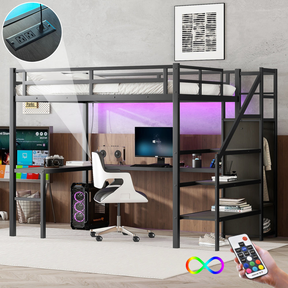 Queen Size Loft Bed with L-shaped Desk and USB, Metal Loft Bed with Wardrobe and Adjustable Shelf, High Loft Bed with LED for Kids Teens Adults, Wood-grain