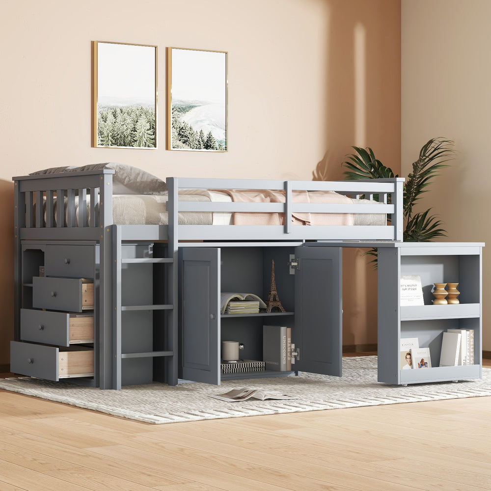 Twin Loft Bed with Storage Cabinet, Drawer and Shelf Cabinet and Pulling-Out Desk, Rubber Wood Loft Bed with Safety Guardrail, Ladder,Grey657