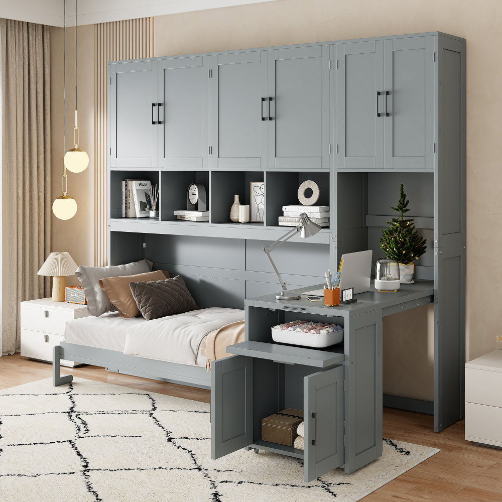 Twin Size Murphy Bed Wall Bed with Closet , Drawers & Desk-White