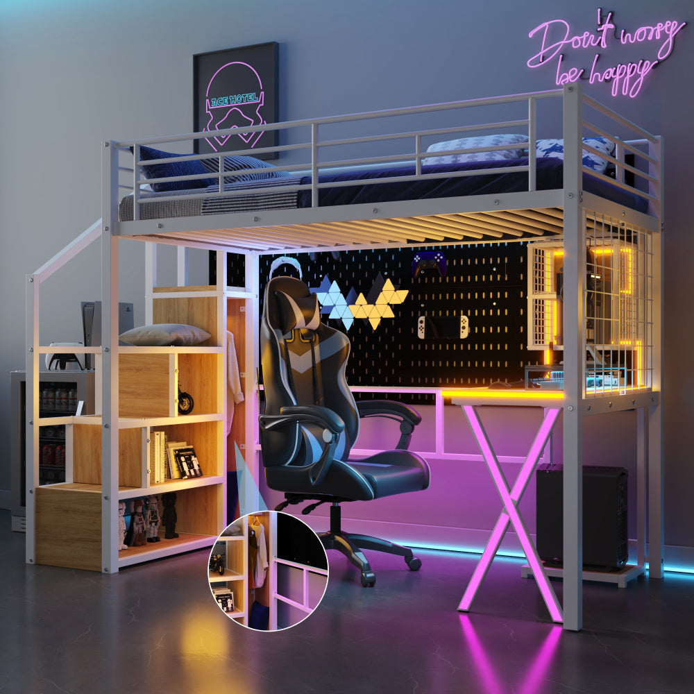 Full Size Metal Loft Bed with Built-in Work Station, Wardrobe, Storage Staircase and LED, Black
