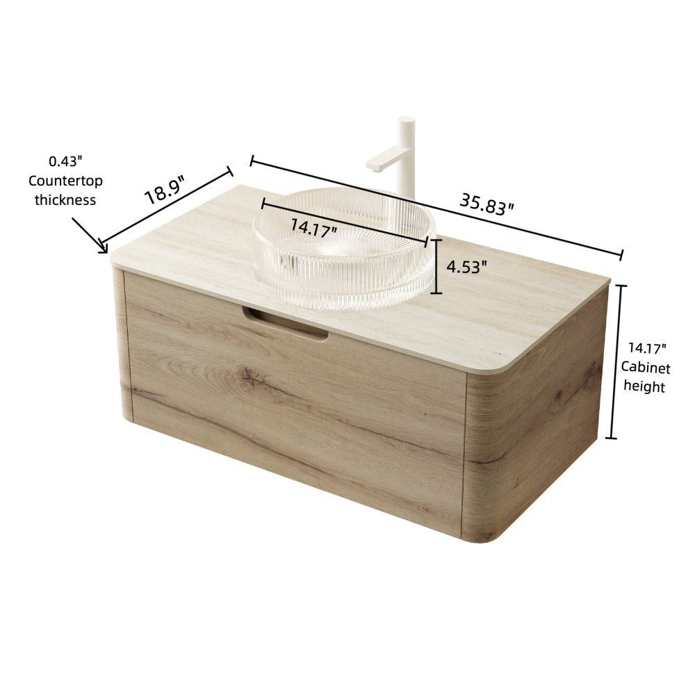 XAI 36" Bathroom Vanity with Sink, Floating Plywood Storage Cabinet with Drawer, Transparent Round Glass Basin and Roma Travertine-Pattern Sintered Stone Top, Pre-assembled, White Oak Woodgrain Color