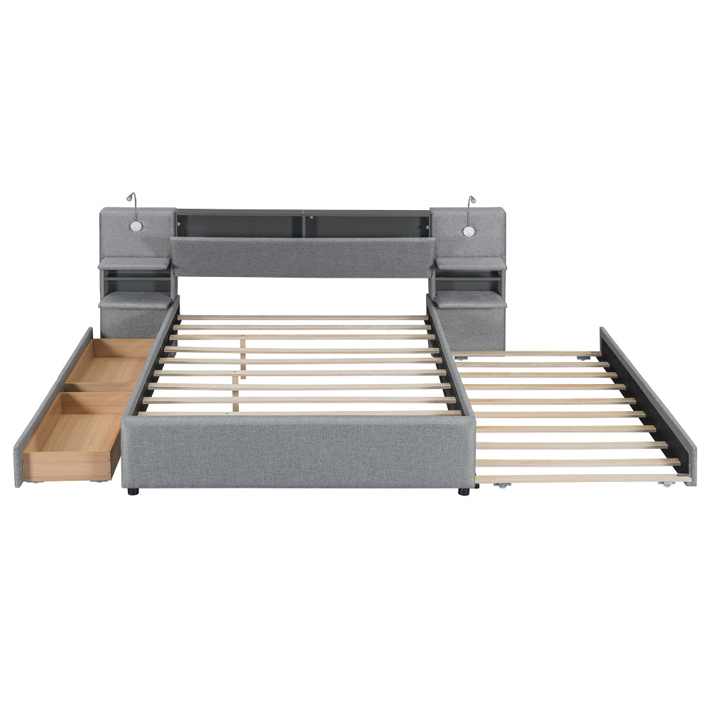 Queen Size Upholstered Platform Bed with Reading Lights, Drawers, Trundle and Shelves, Gray