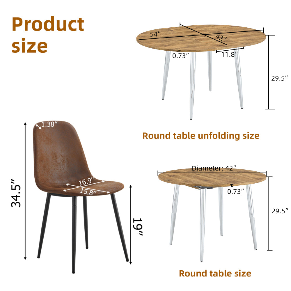 Table and chair set.With a Expandable mechanism,the Wood Grain MDF table top and silver metal legs and has a smooth surface.Paried With 6 chairs with soft suede cushions and black metal legs.