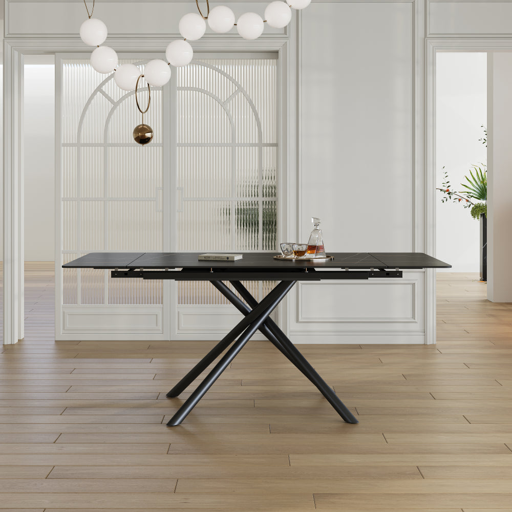 Retractable Sintered Stone Dining Table Set,It features a modern rectangular design, with black carbon steel table legs and a cross-leg structure at the bottom. (Table + 4 Chairs)