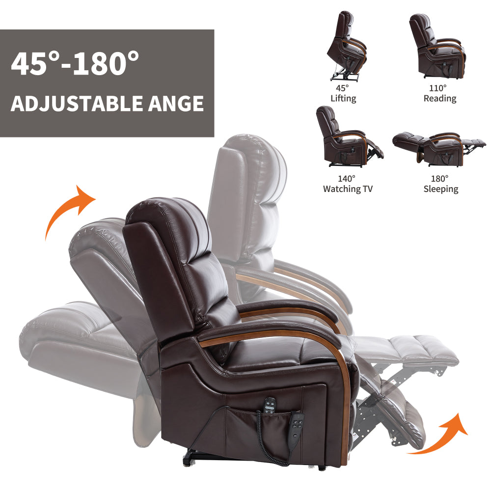 Power Brown Leatheraire Lift Recliner Chair Dual Motor Infinite Position Up to 350 LBS with Solid Wood Armrests, Heat Massage and Heavy Duty Motion Mechanism