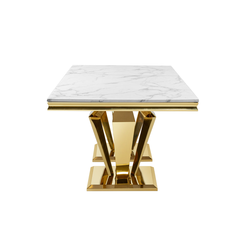 MDF Marble Top Dining Table Rectangular 70.07" L x 34.64" W x 29.92" H Gold Polished Stainless Steel Base