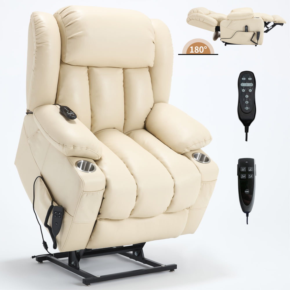 Dual Motor Infinite Position Up to 350 LBS Leatherair Power Lift Recliner Chair, Heavy Duty Motion Mechanism with 8-Point Vibration Massage and Lumbar Heating, Stainless steel Cup Holders, Beige