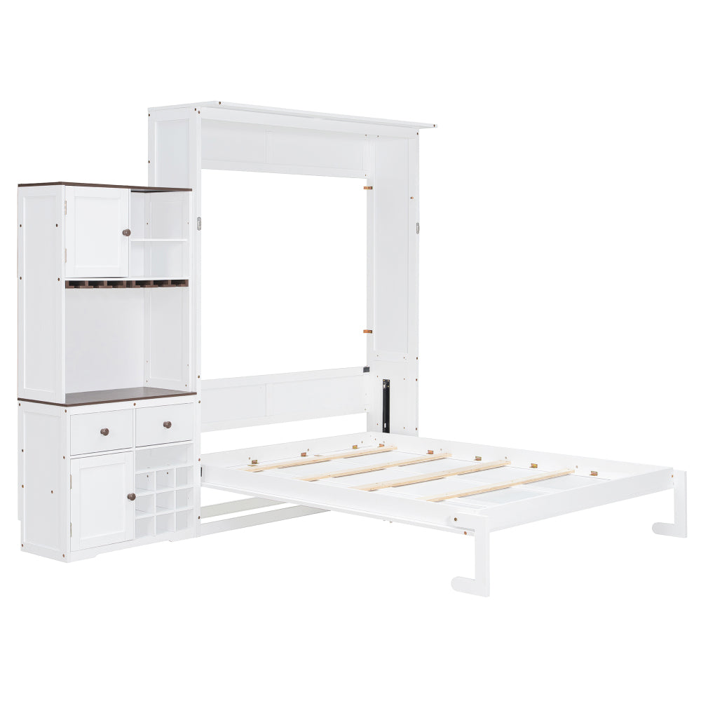 Queen Size Murphy Bed with Storage Cabinet, Wine Rack, Glass Holder, Drawers and Multi-Color LED Strip, White