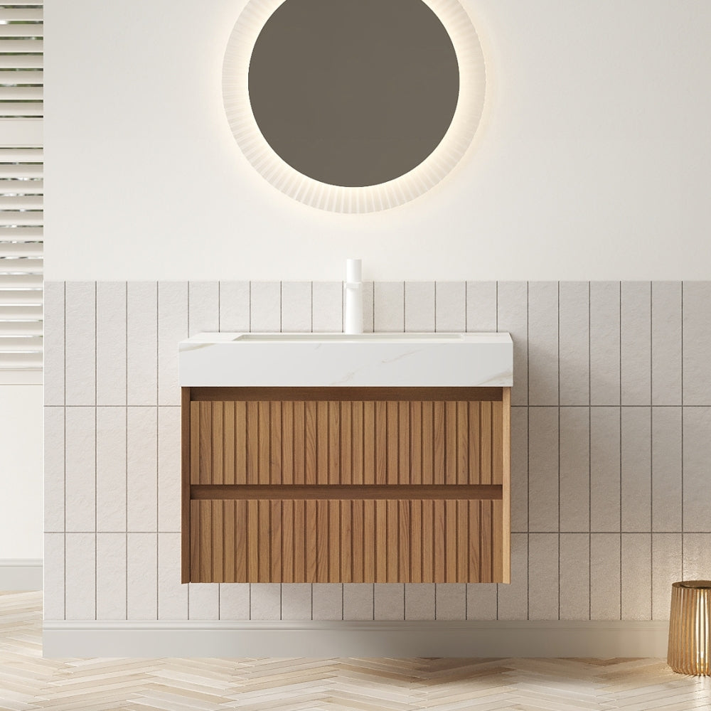 TILLEY 36" Bathroom Vanity&Sink, Floating Striped Plywood Storage Cabinet with 2 Drawers, Travertine-Pattern Sintered Stone Top with Ceramic Undermount Basin, Pre-assembled, Espresso Woodgrain Color