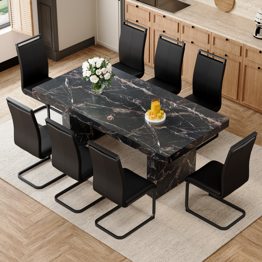 Table and chair set.78.7"*39.4"*29.9"inches MDF Luxurious Black Marble Pattern Dining Table,With a 3.5-inch thick tabletop.Paired with 10 Black PU Chairs With C-tube Black Metal Chair Legs.W1151S03925