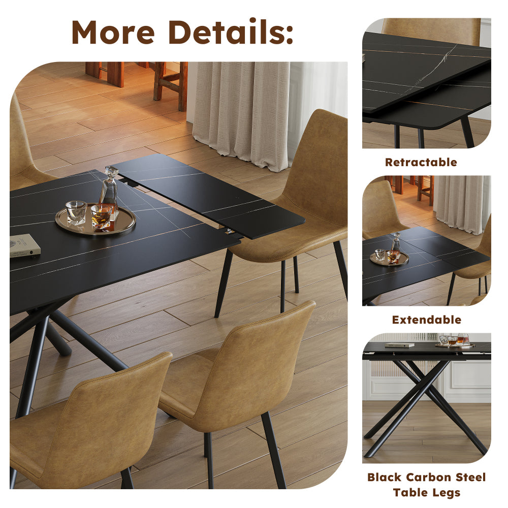 Retractable Sintered Stone Dining Table Set,It features a modern rectangular design, with black carbon steel table legs and a cross-leg structure at the bottom. (Table + 4 Chairs)