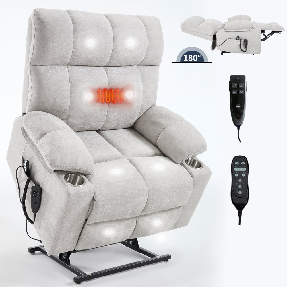 Beige Dual Motor Infinite Position Up to 350 LBS Chenille Power Lift Recliner Chair, Heavy Duty Motion Mechanism with 8-Point Vibration Massage and Lumbar Heating, Dual Cup Holders