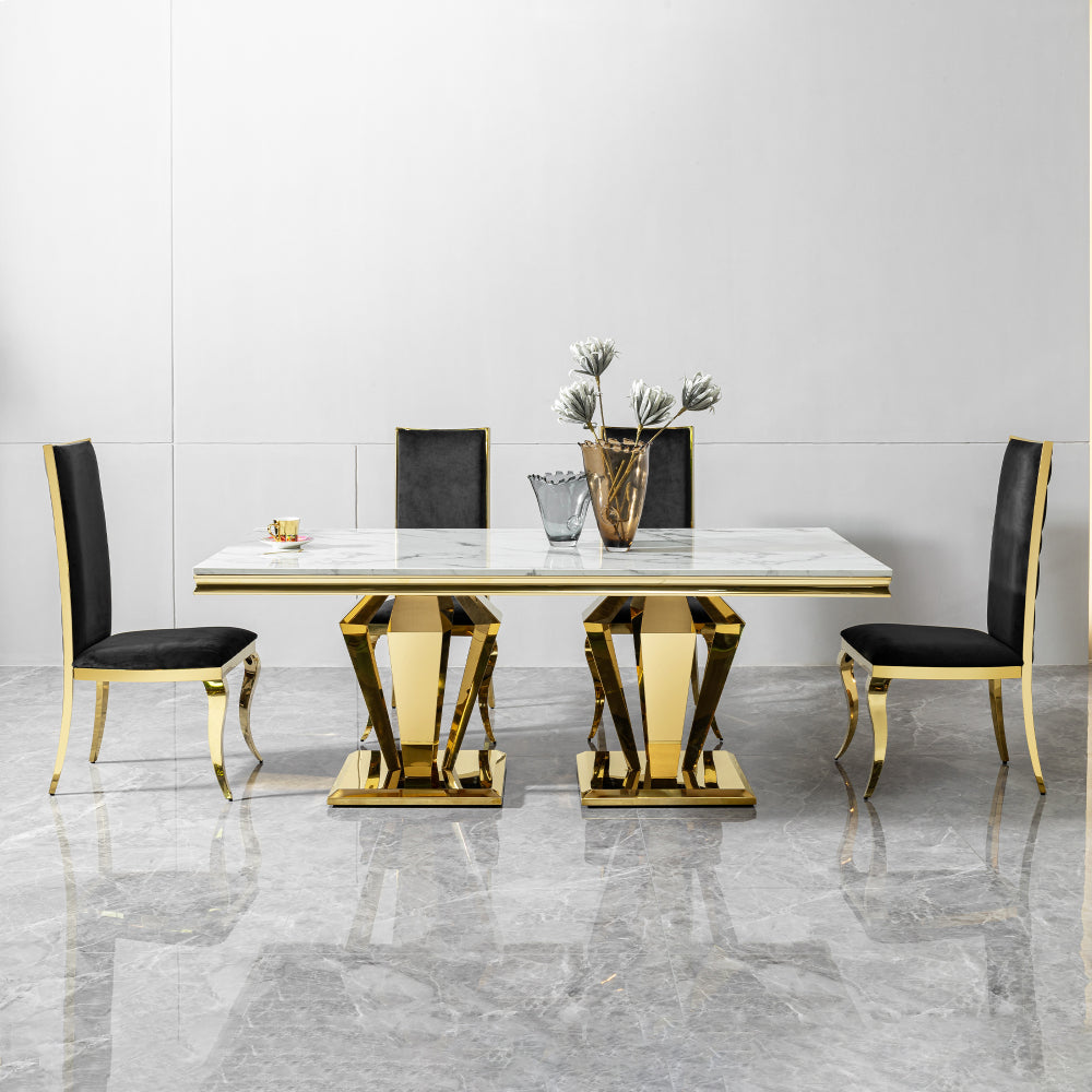MDF Marble Top Dining Table Rectangular 70.07" L x 34.64" W x 29.92" H Gold Polished Stainless Steel Base