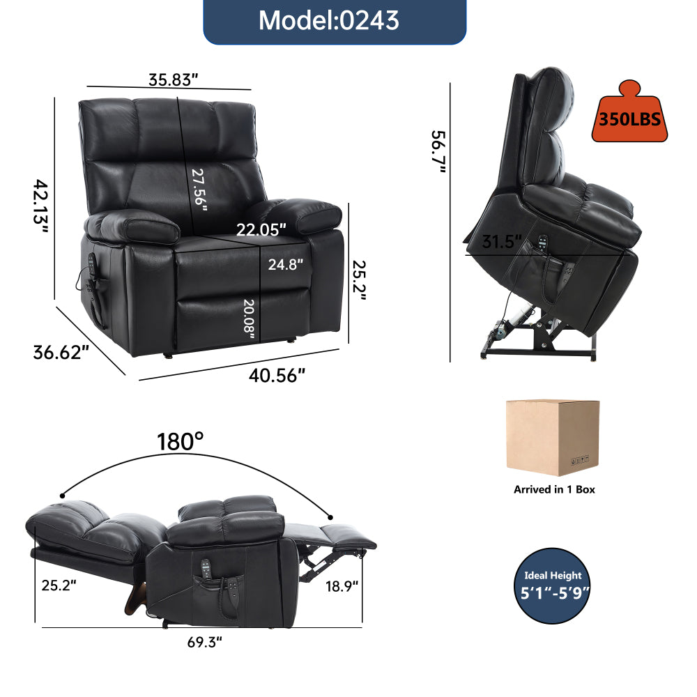 Black Leatheraire Heat Massage Dual Motor Infinite Position Up to 350 LBS Large Electric Power Lift Recliners with Hidden Cup Holders, Power-Remote, Medium-firm and Heavy Duty