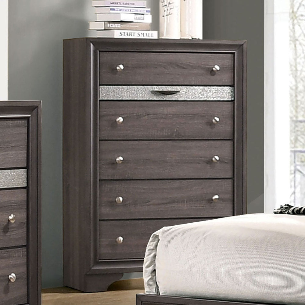 Gray Finish Contemporary Style 1pc Chest Hidden Jewelry Drawer English Dovetail Drawers Silver Knobs Bedroom Furniture