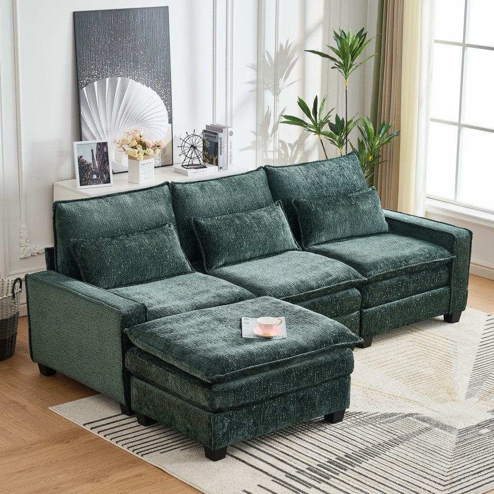 99'' Sectional Cloud Deep Seat Couch, Modern Comfy Chenille L Shaped Sectional Sofa for Living Room Set, Upholstered 4-Seats Sofa Couch with Movable Ottoman,Green