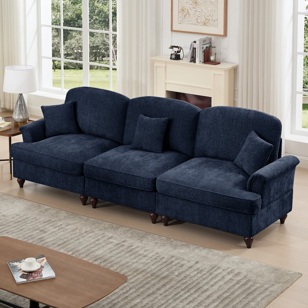 Elegant Mid Century Large 3 Seater Sofa Couch with Flared Arms and Removable Ruffles Pleats Skirts and Spindle Legs, Comfy Chenille Three-Seat Sofa for Living Room, Blue