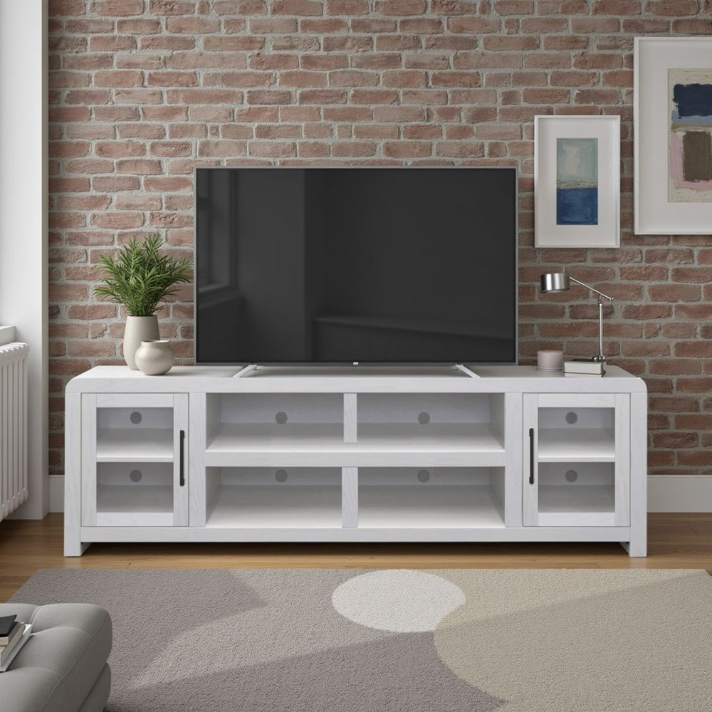 Haven 82 inch TV Stand with Glass Doors, for TVs up to 90 inches, No Assembly Required, White Finish