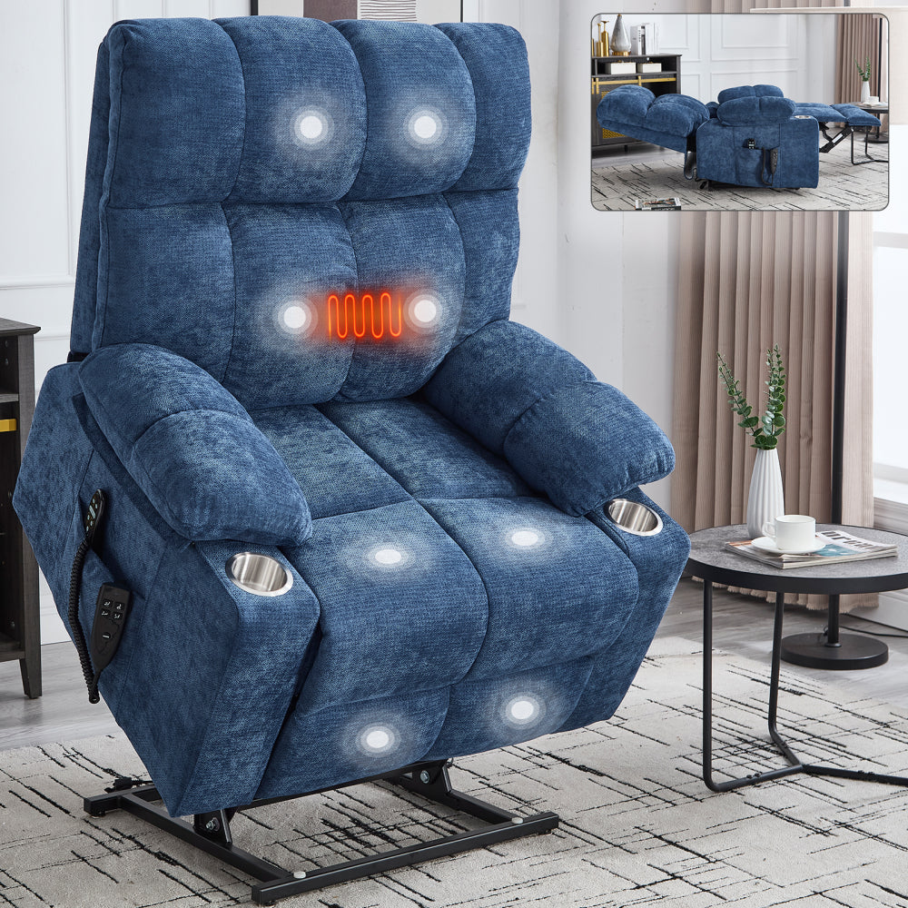 Beige Dual Motor Infinite Position Up to 350 LBS Chenille Power Lift Recliner Chair, Heavy Duty Motion Mechanism with 8-Point Vibration Massage and Lumbar Heating, Dual Cup Holders