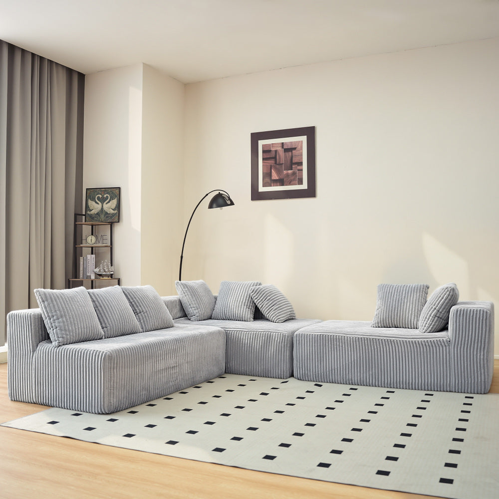 Modular U-Shaped Sectional Sofa,130-inch 4-Seater Chaise Lounge with Reversible Design, Striped Corduroy Fabric in Gray – Customizable Living Room or Bedroom Couch, Freely Configurable Layout.