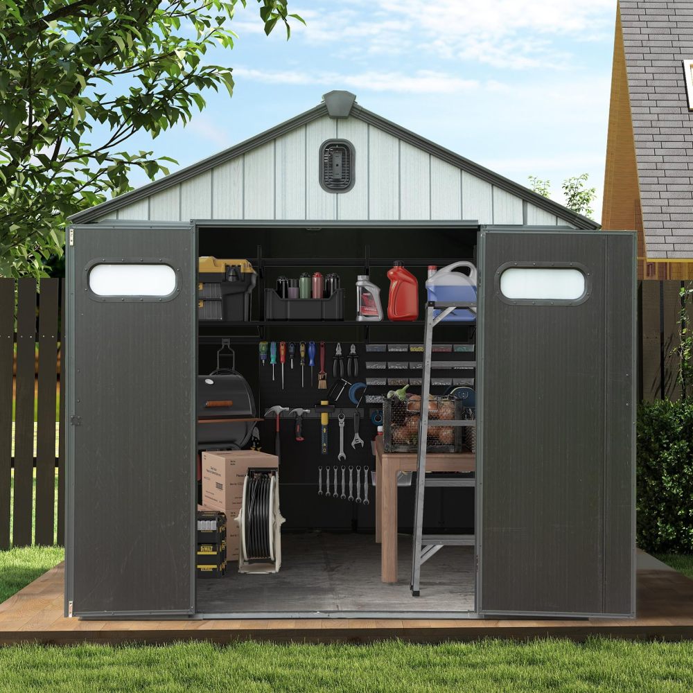 8x8FT Resin Outdoor Storage Shed with Lockable Door, Waterproof Outside Sheds with Windows & Vents, Heavy-Duty Plastic Tool Storage Shed for Patio Furniture, Lawn Mower, Bike