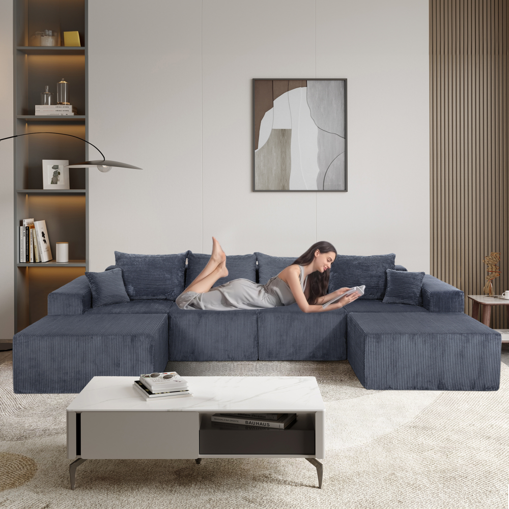 6-Piece Modular U-Shaped Sectional Sofa in Gray, Convertible Oversized Couch with Chaise Lounge, No Assembly Needed, Soft Corduroy Upholstery, Modern Family Living Room Furniture